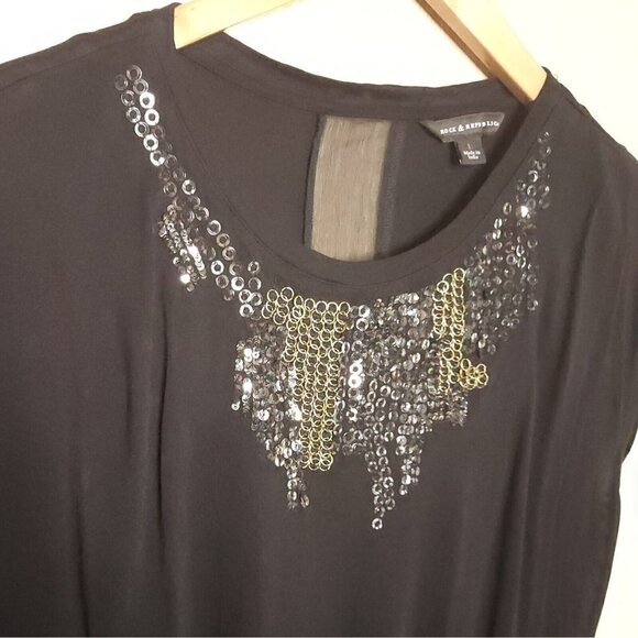 Rock & Republic Black Stretchy Short Sleeve Top Sequin Detail Large - Picture 3 of 7